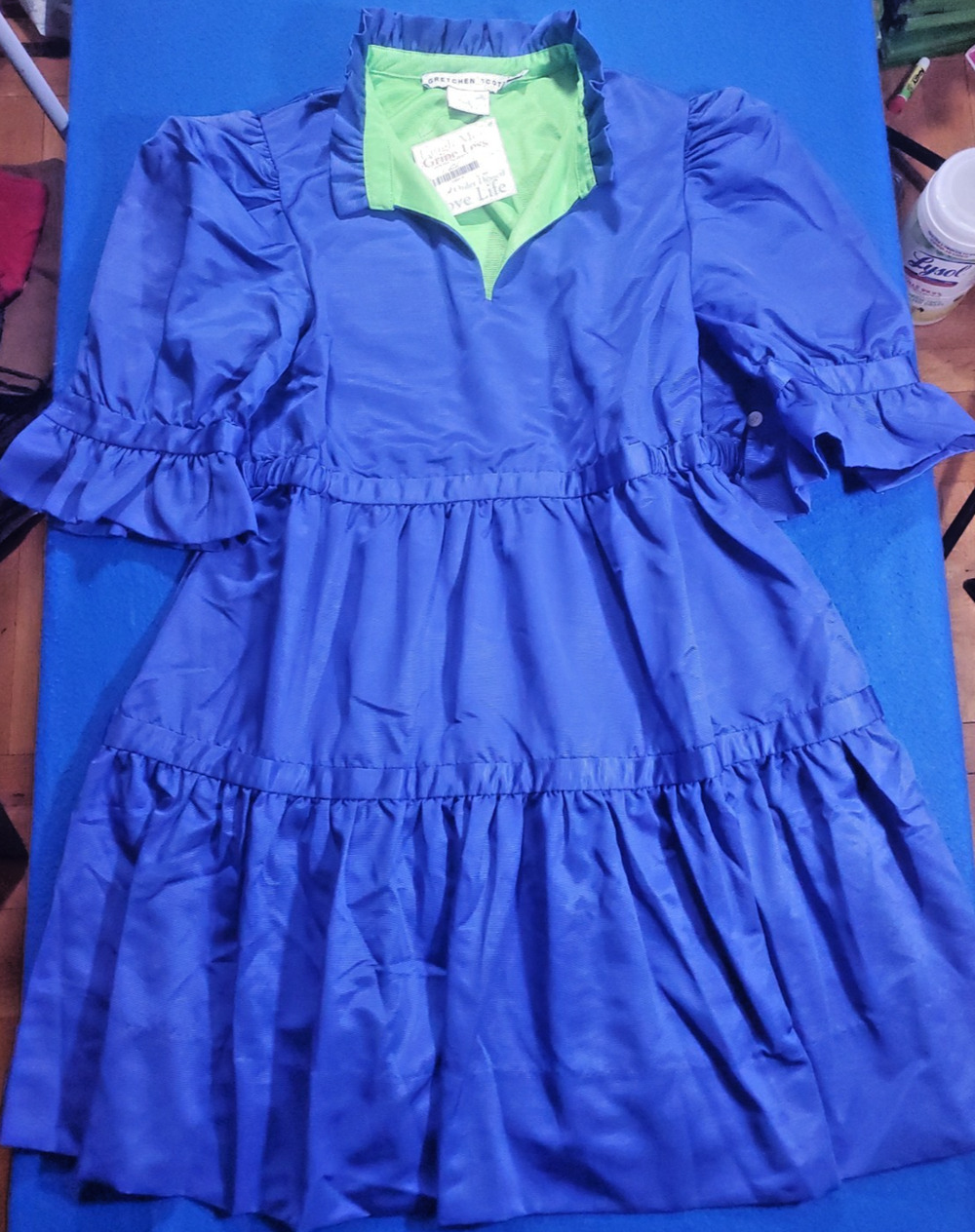 NWT Gretchen Scott Teardrop Faille Dress Royal Blue Green Tiered Ruffle Size M